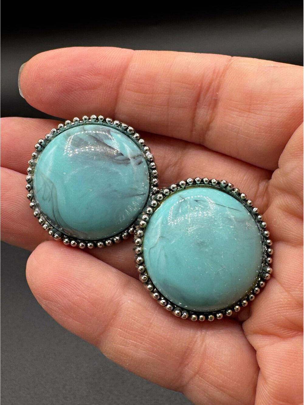 Vintage Turquoise Cabochon Clip On Earrings Silver Tone Western Statement